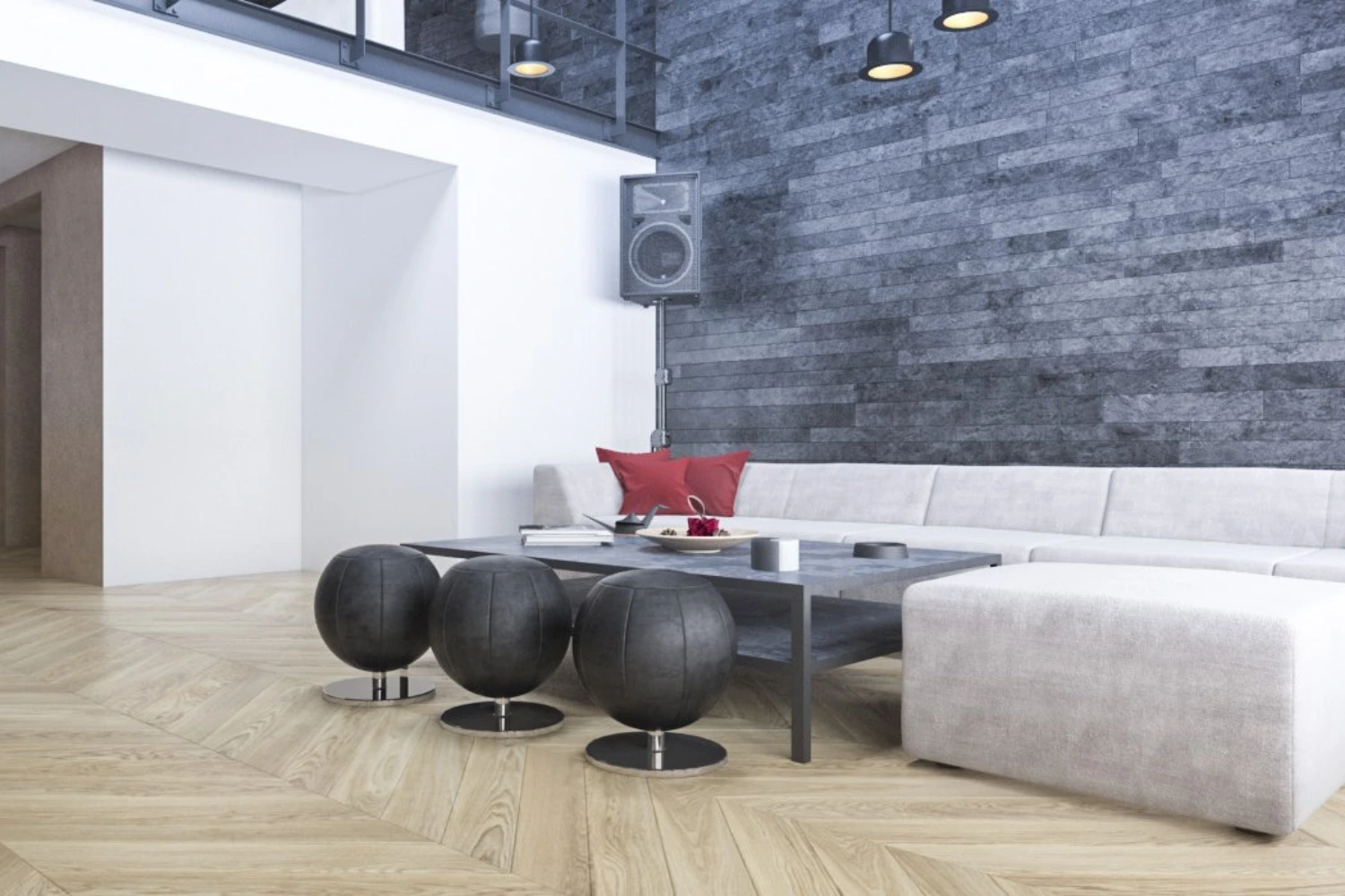 Nowoczesny salon loftowy z industrialną ścianą i podłogą w jodełkę